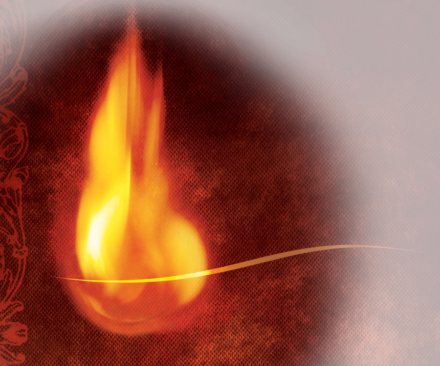image of a flame on a brown textured background and highlighted by a clear circle from more blurred white haze
