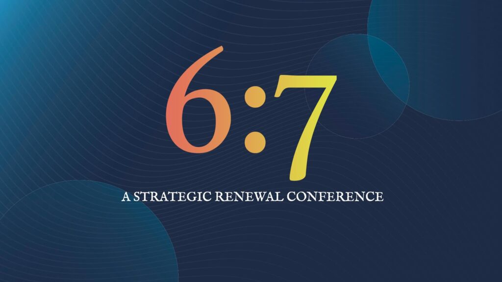 blue background with circular lines and the conference name: 6:7 that is a gradient of orange to yellow horizontally