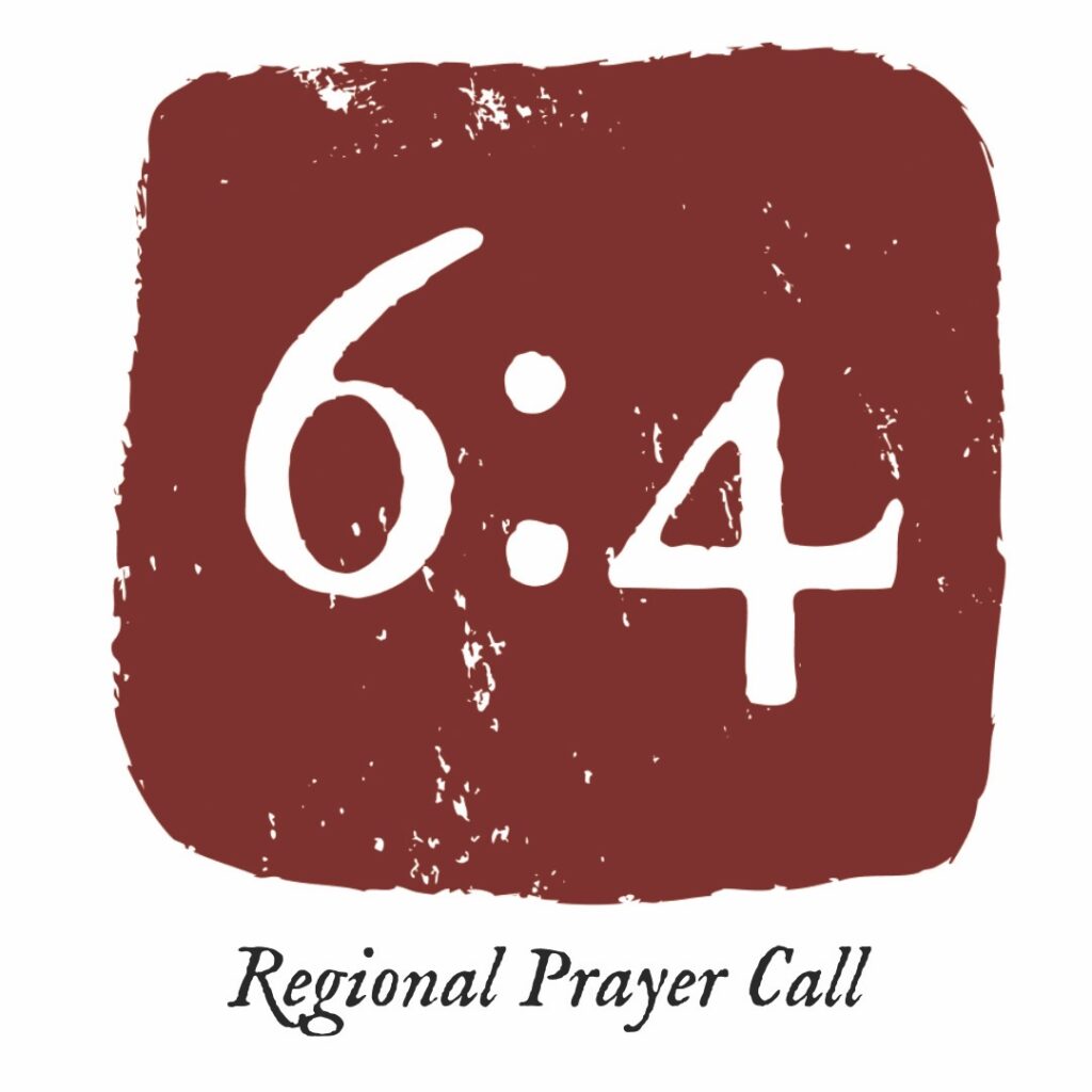 Red block with 6:4 written in white within it and regional prayer call titled underneath