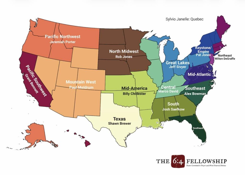 map of US and where the regions of The 6:4 Fellowship lie