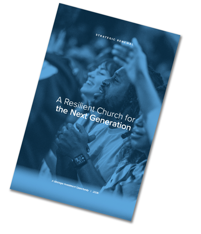 image of young people worshipping on the cover of a catalogue shaded in blue