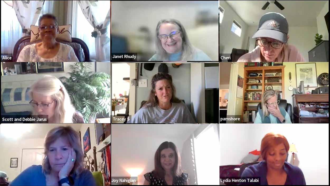 nine squares with women on a zoom call